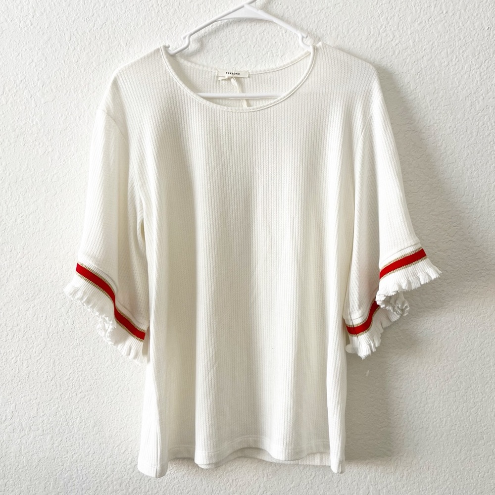 NEW Pleione Anthropologie Waffle Knit White Blouse Fringe‎ Red Medium